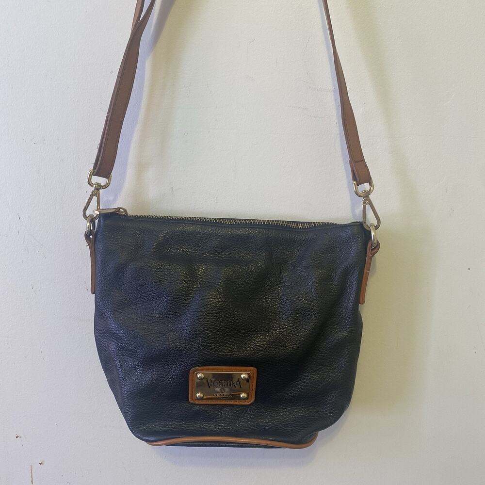 Valentina Logo Pebbled Black Brown Trim Leather Crossbody Bag Purse Italy Made - Picture 11 of 14